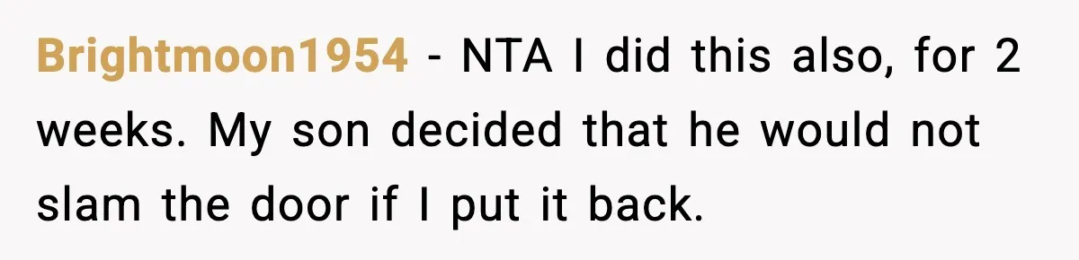 Brightmoon1954 − NTA I did this also, for 2 weeks. My son decided that he would not slam the door if I put it back.