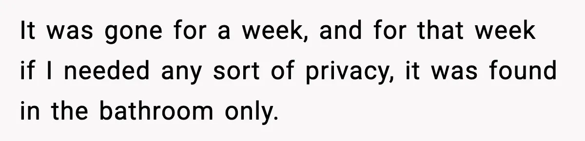 It was gone for a week, and for that week if I needed any sort of privacy, it was found in the bathroom only.