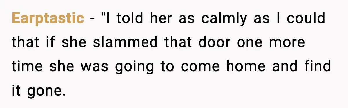 Earptastic − "I told her as calmly as I could that if she slammed that door one more time she was going to come home and find it gone.