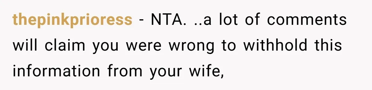 thepinkprioress − NTA. ..a lot of comments will claim you were wrong to withhold this information from your wife,