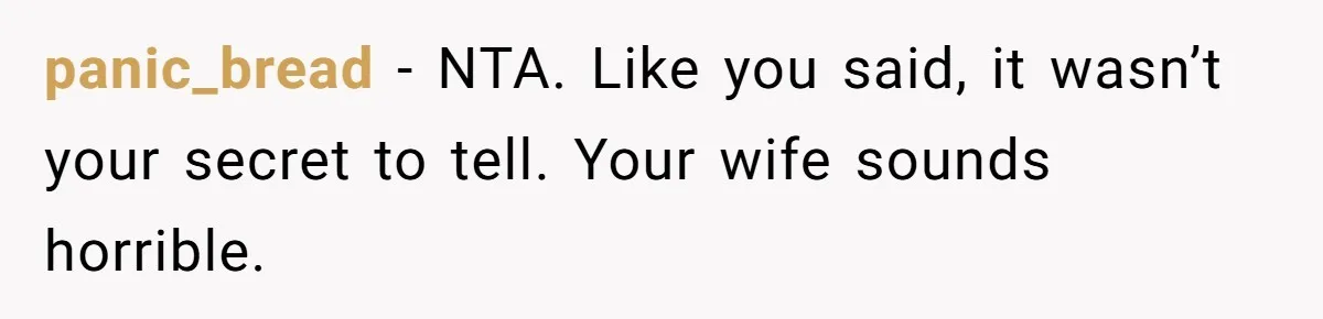 panic_bread − NTA. Like you said, it wasn’t your secret to tell. Your wife sounds horrible.