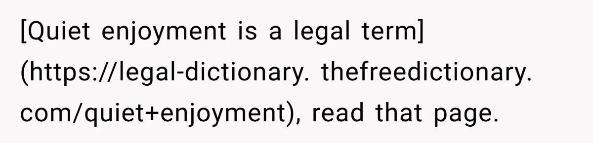 [Quiet enjoyment is a legal term](https://legal-dictionary. thefreedictionary. com/quiet+enjoyment), read that page.