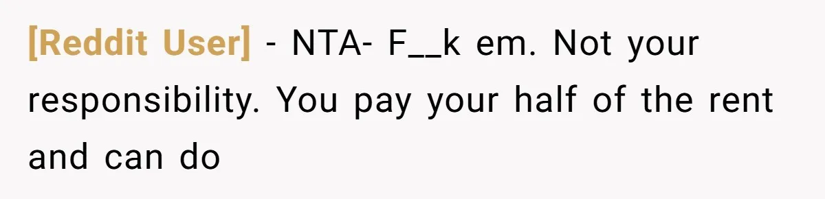 [Reddit User] − NTA- F__k em. Not your responsibility. You pay your half of the rent and can do
