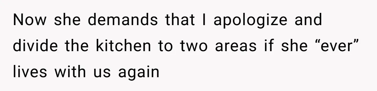 Now she demands that I apologize and divide the kitchen to two areas if she “ever” lives with us again
