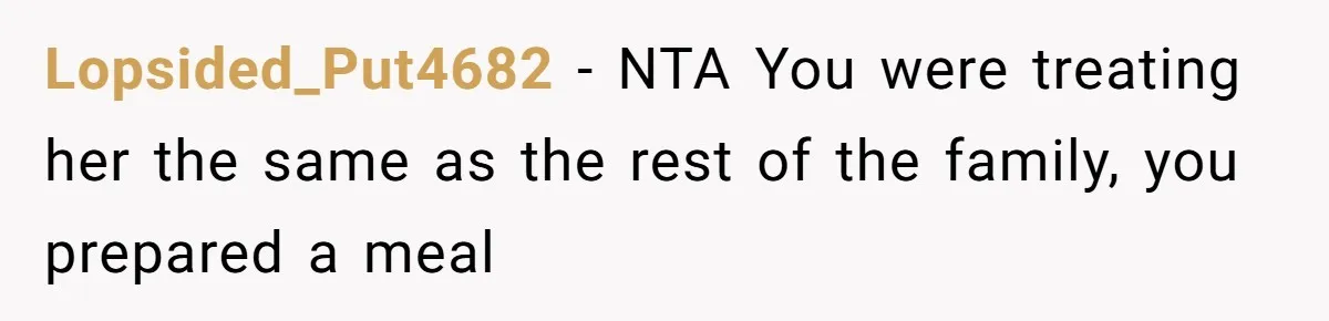 Lopsided_Put4682 − NTA You were treating her the same as the rest of the family, you prepared a meal