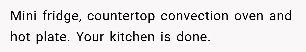 Mini fridge, countertop convection oven and hot plate. Your kitchen is done.