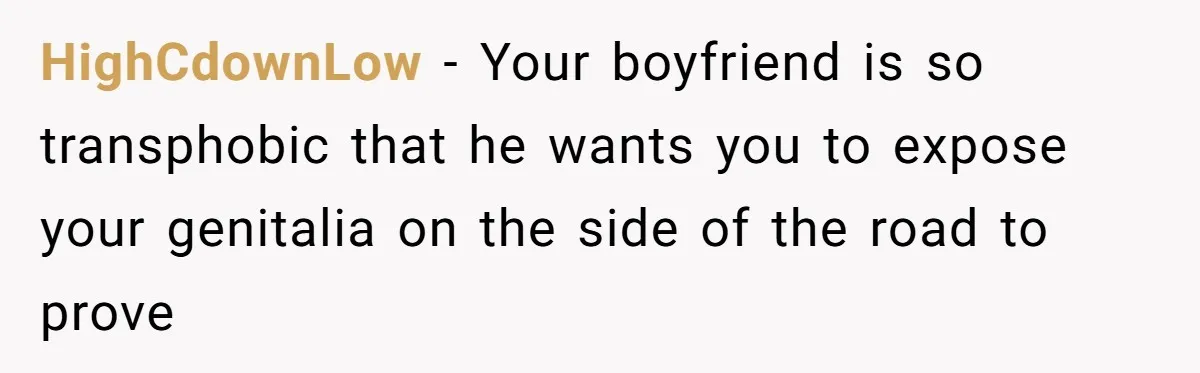 HighCdownLow − Your boyfriend is so transphobic that he wants you to expose your genitalia on the side of the road to prove