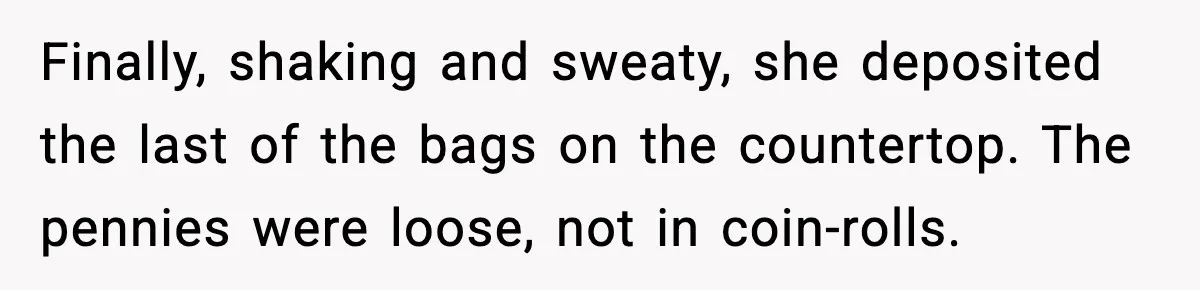 Finally, shaking and sweaty, she deposited the last of the bags on the countertop. The pennies were loose, not in coin-rolls.