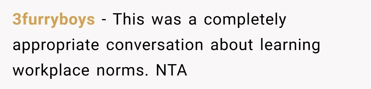 3furryboys − This was a completely appropriate conversation about learning workplace norms. NTA