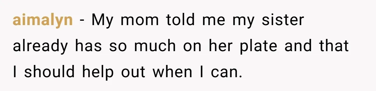 aimalyn − My mom told me my sister already has so much on her plate and that I should help out when I can.