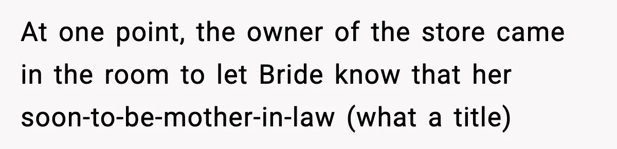 At one point, the owner of the store came in the room to let Bride know that her soon-to-be-mother-in-law (what a title)