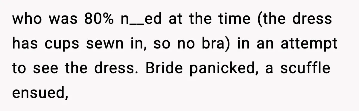 who was 80% n__ed at the time (the dress has cups sewn in, so no bra) in an attempt to see the dress. Bride panicked, a scuffle ensued,