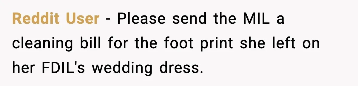 Reddit User - Please send the MIL a cleaning bill for the foot print she left on her FDIL's wedding dress.