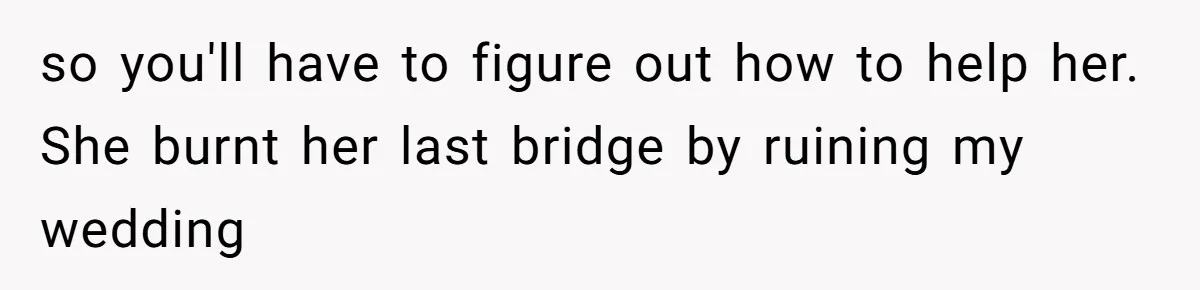 so you'll have to figure out how to help her. She burnt her last bridge by ruining my wedding