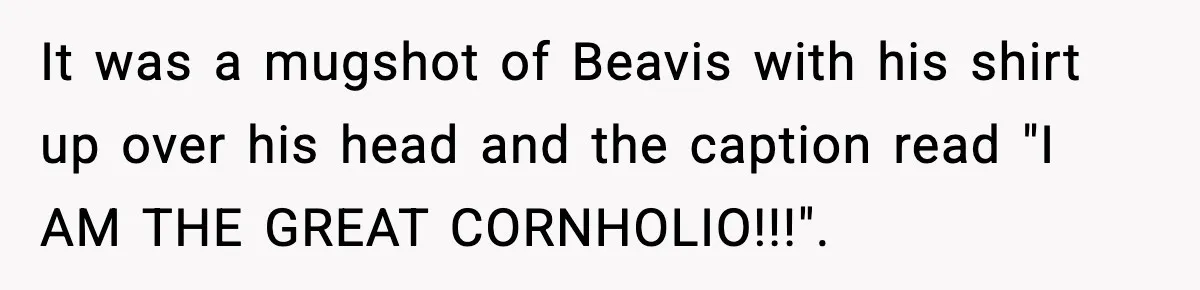 It was a mugshot of Beavis with his shirt up over his head and the caption read "I AM THE GREAT CORNHOLIO!!!". ​