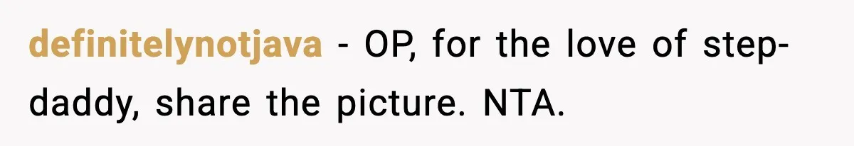 definitelynotjava - OP, for the love of step-daddy, share the picture. NTA.