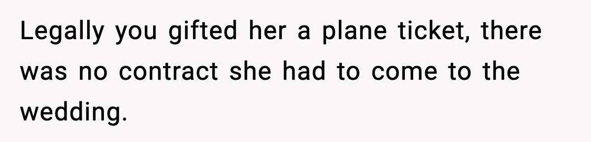 Legally you gifted her a plane ticket, there was no contract she had to come to the wedding.