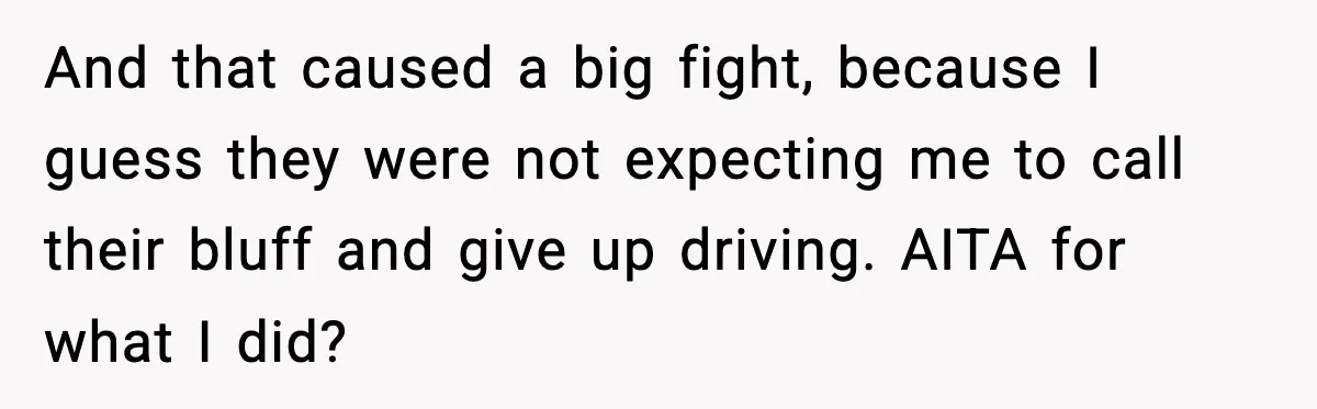 And that caused a big fight, because I guess they were not expecting me to call their bluff and give up driving. AITA for what I did?