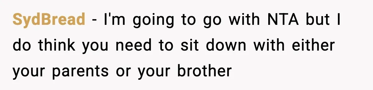 SydBread − I'm going to go with NTA but I do think you need to sit down with either your parents or your brother