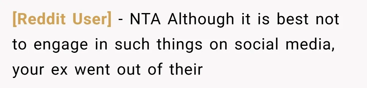 [Reddit User] − NTA Although it is best not to engage in such things on social media, your ex went out of their