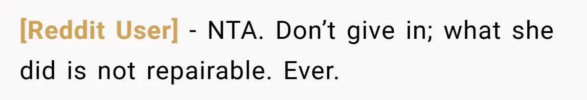 [Reddit User] − NTA. Don’t give in; what she did is not repairable. Ever.