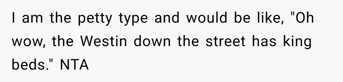 I am the petty type and would be like, "Oh wow, the Westin down the street has king beds." NTA