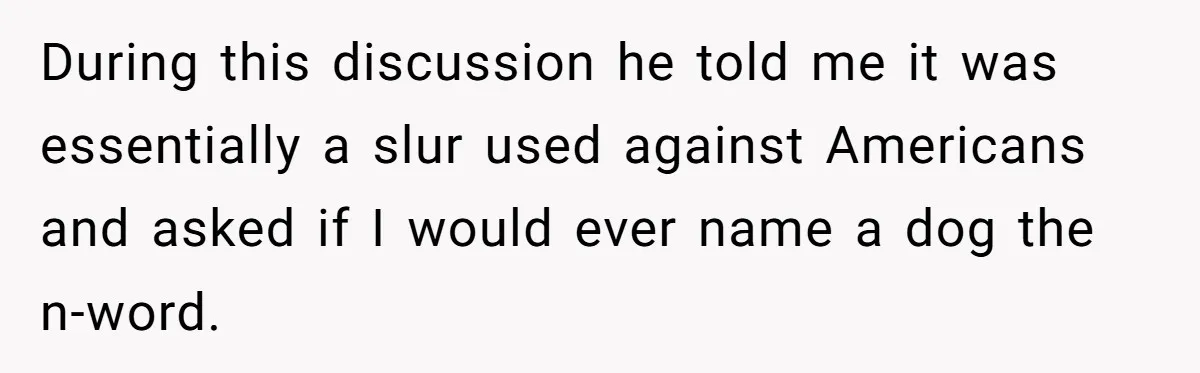 During this discussion he told me it was essentially a slur used against Americans and asked if I would ever name a dog the n-word.