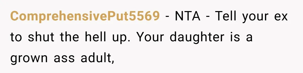 ComprehensivePut5569 − NTA - Tell your ex to shut the hell up. Your daughter is a grown ass adult,