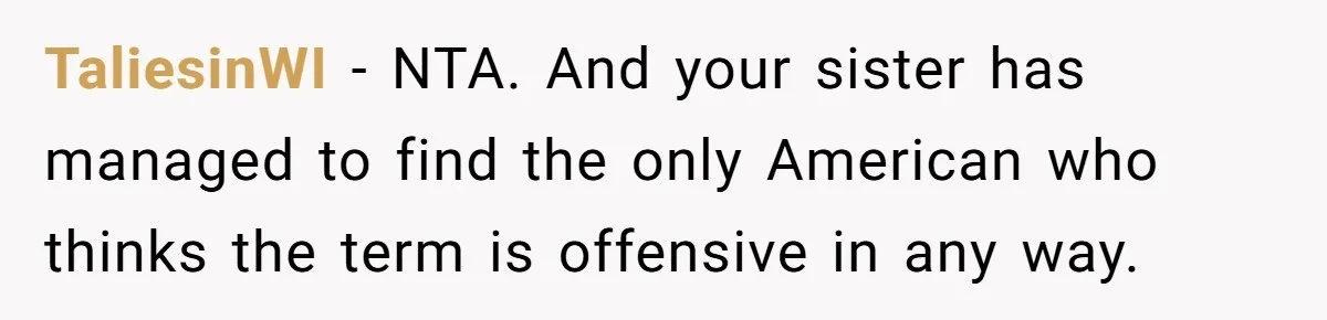 TaliesinWI − NTA. And your sister has managed to find the only American who thinks the term is offensive in any way.