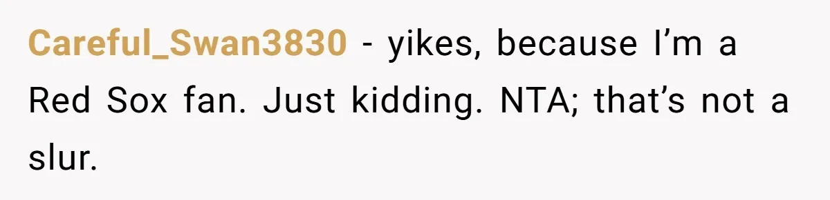 Careful_Swan3830 − yikes, because I’m a Red Sox fan. Just kidding. NTA; that’s not a slur.