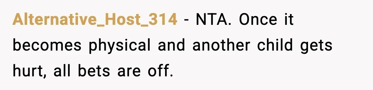 Alternative_Host_314 - NTA. Once it becomes physical and another child gets hurt, all bets are off.