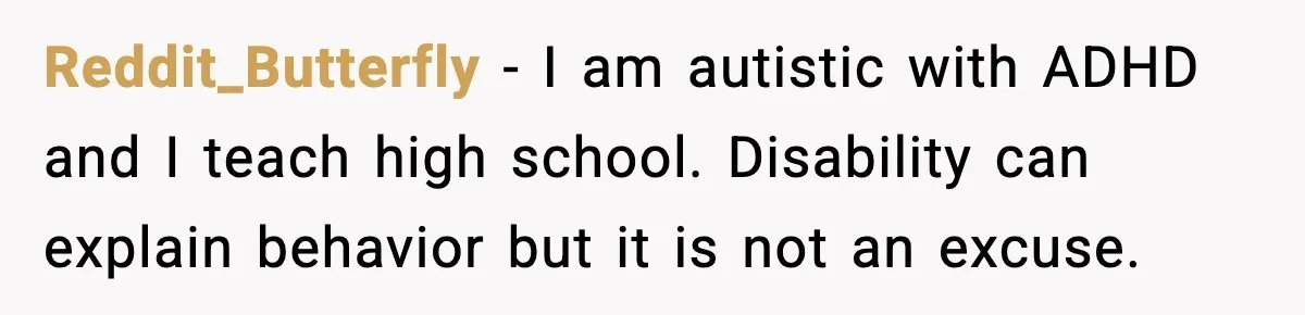 Reddit_Butterfly - I am autistic with ADHD and I teach high school. Disability can explain behavior but it is not an excuse.