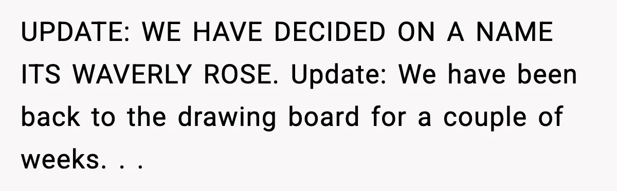 UPDATE: WE HAVE DECIDED ON A NAME ITS WAVERLY ROSE. Update: We have been back to the drawing board for a couple of weeks. . .