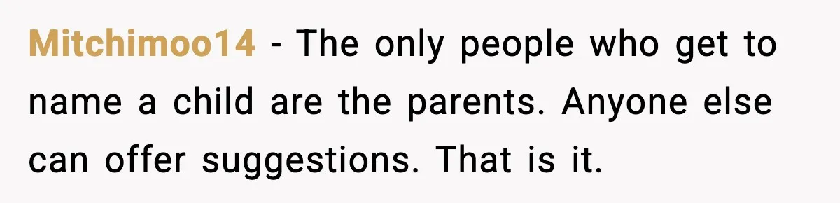 Mitchimoo14 - The only people who get to name a child are the parents. Anyone else can offer suggestions. That is it.