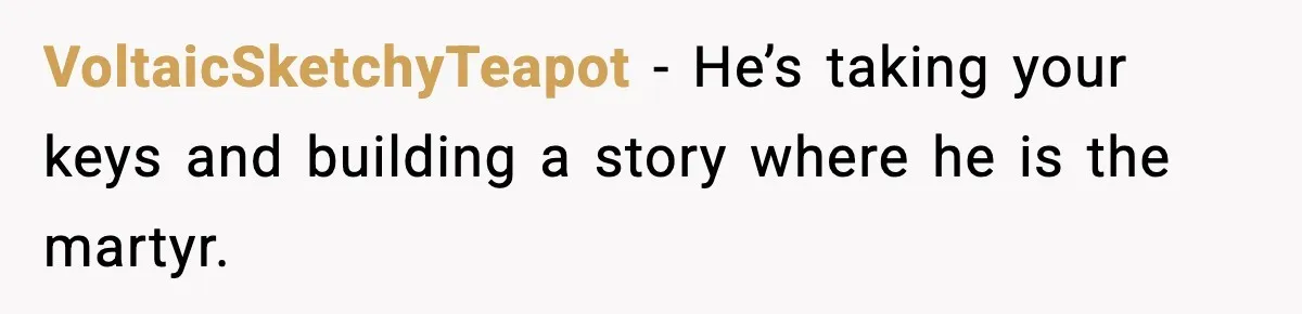 VoltaicSketchyTeapot - He’s taking your keys and building a story where he is the martyr.