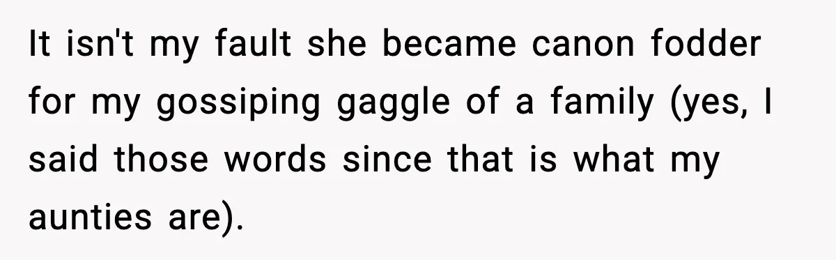 It isn't my fault she became canon fodder for my gossiping gaggle of a family (yes, I said those words since that is what my aunties are).