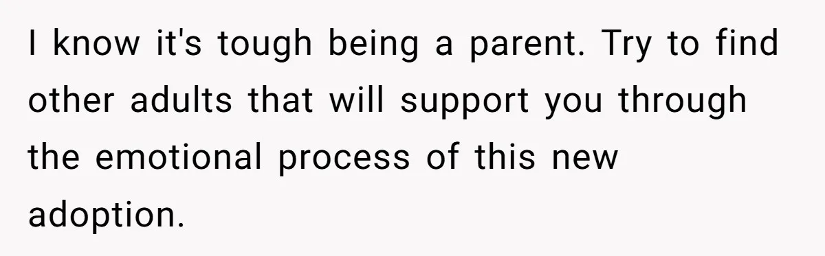 I know it's tough being a parent. Try to find other adults that will support you through the emotional process of this new adoption.