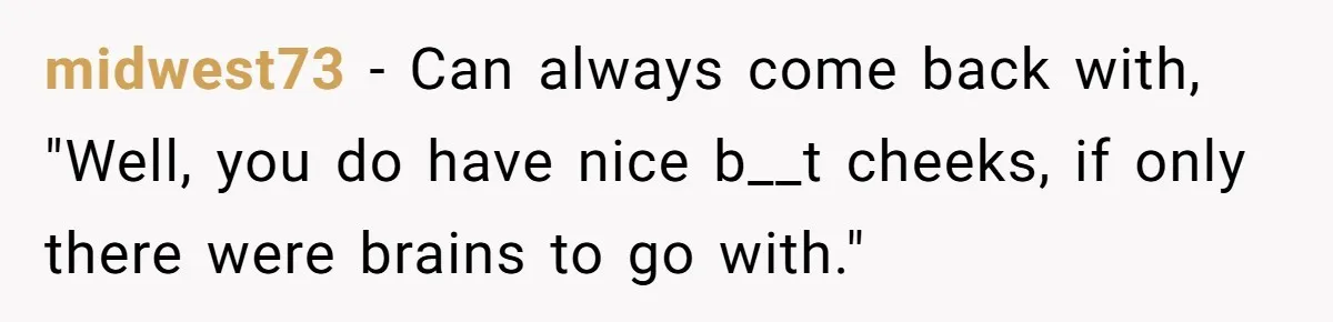 midwest73 − Can always come back with, "Well, you do have nice b__t cheeks, if only there were brains to go with."