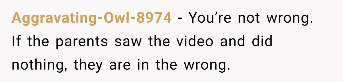 Aggravating-Owl-8974 − You’re not wrong. If the parents saw the video and did nothing, they are in the wrong.