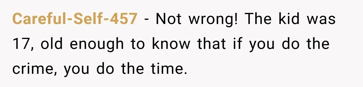 Careful-Self-457 − Not wrong! The kid was 17, old enough to know that if you do the crime, you do the time.