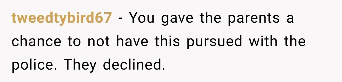 tweedtybird67 − You gave the parents a chance to not have this pursued with the police. They declined.
