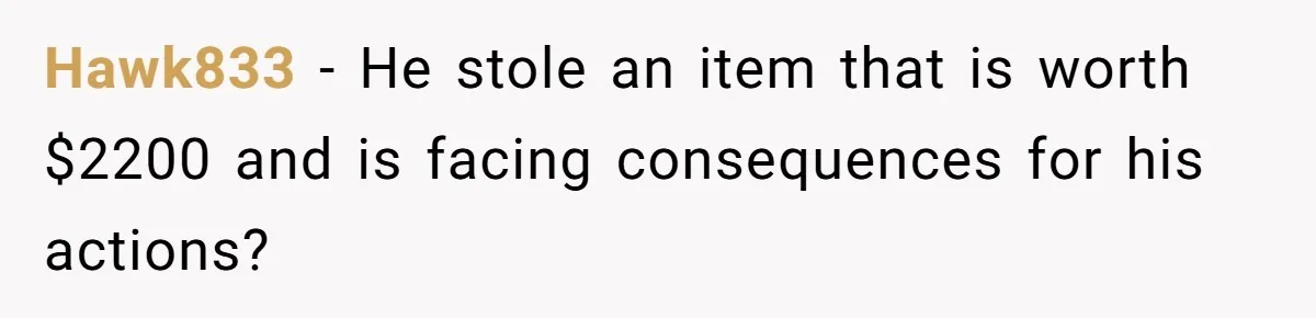 Hawk833 − He stole an item that is worth $2200 and is facing consequences for his actions?