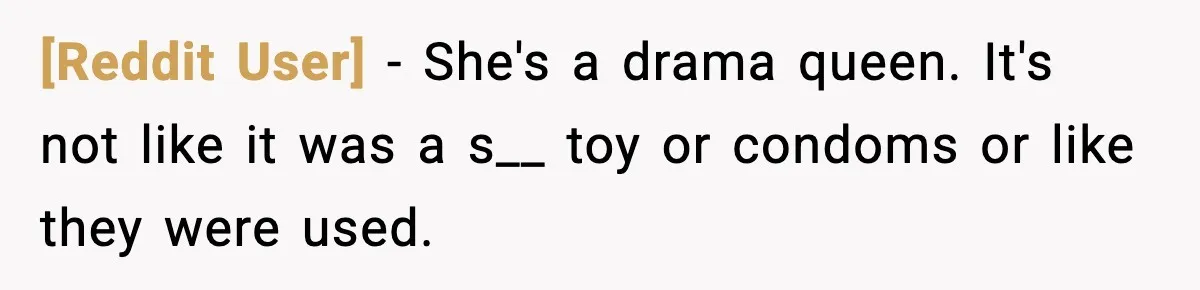 [Reddit User] − She's a drama queen. It's not like it was a s__ toy or condoms or like they were used.