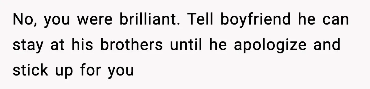 No, you were brilliant. Tell boyfriend he can stay at his brothers until he apologize and stick up for you
