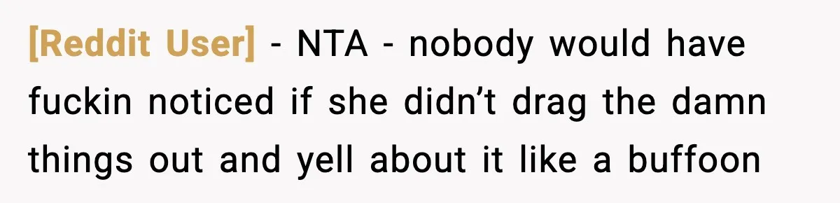 [Reddit User] − NTA - nobody would have fuckin noticed if she didn’t drag the damn things out and yell about it like a buffoon