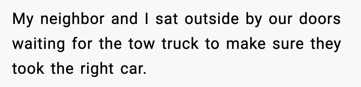 My neighbor and I sat outside by our doors waiting for the tow truck to make sure they took the right car.