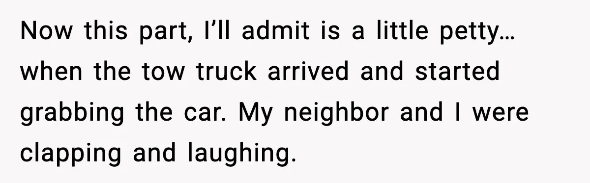 Now this part, I’ll admit is a little petty… when the tow truck arrived and started grabbing the car. My neighbor and I were clapping and laughing.