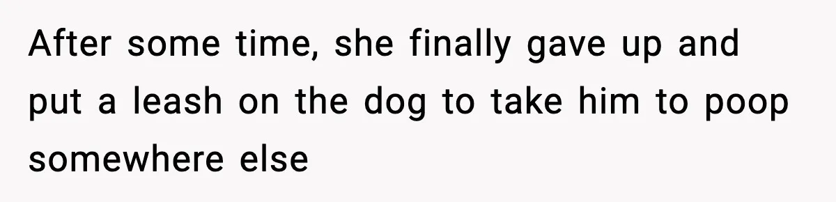 After some time, she finally gave up and put a leash on the dog to take him to poop somewhere else