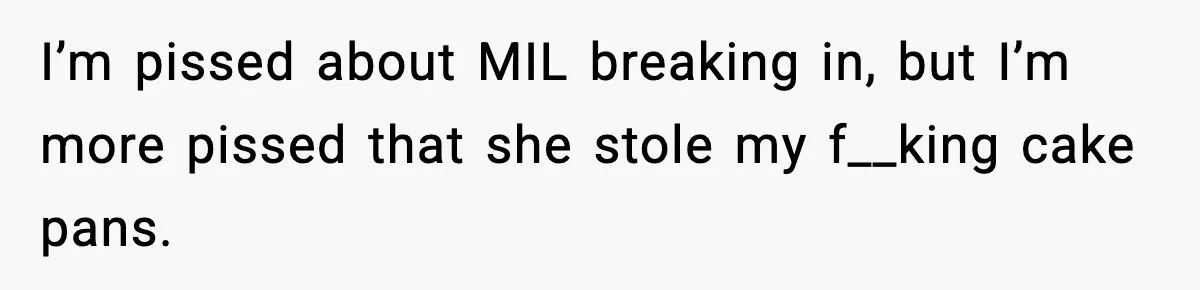 Security Cameras Catch Mother-In-Law Breaking In, Couple Decides To Leave I’m pissed about MIL breaking in, but I’m more pissed that she stole my f__king cake pans.
