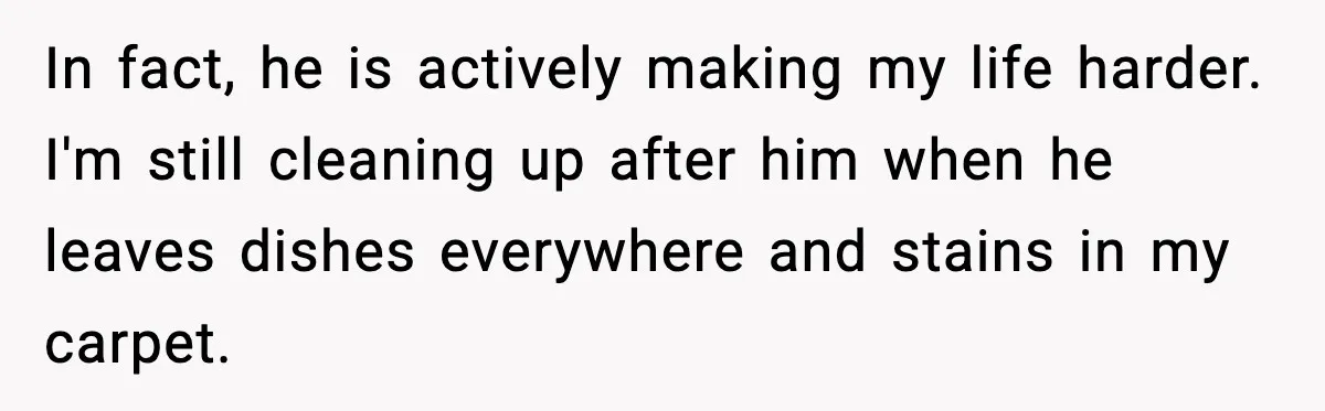 In fact, he is actively making my life harder. I'm still cleaning up after him when he leaves dishes everywhere and stains in my carpet.